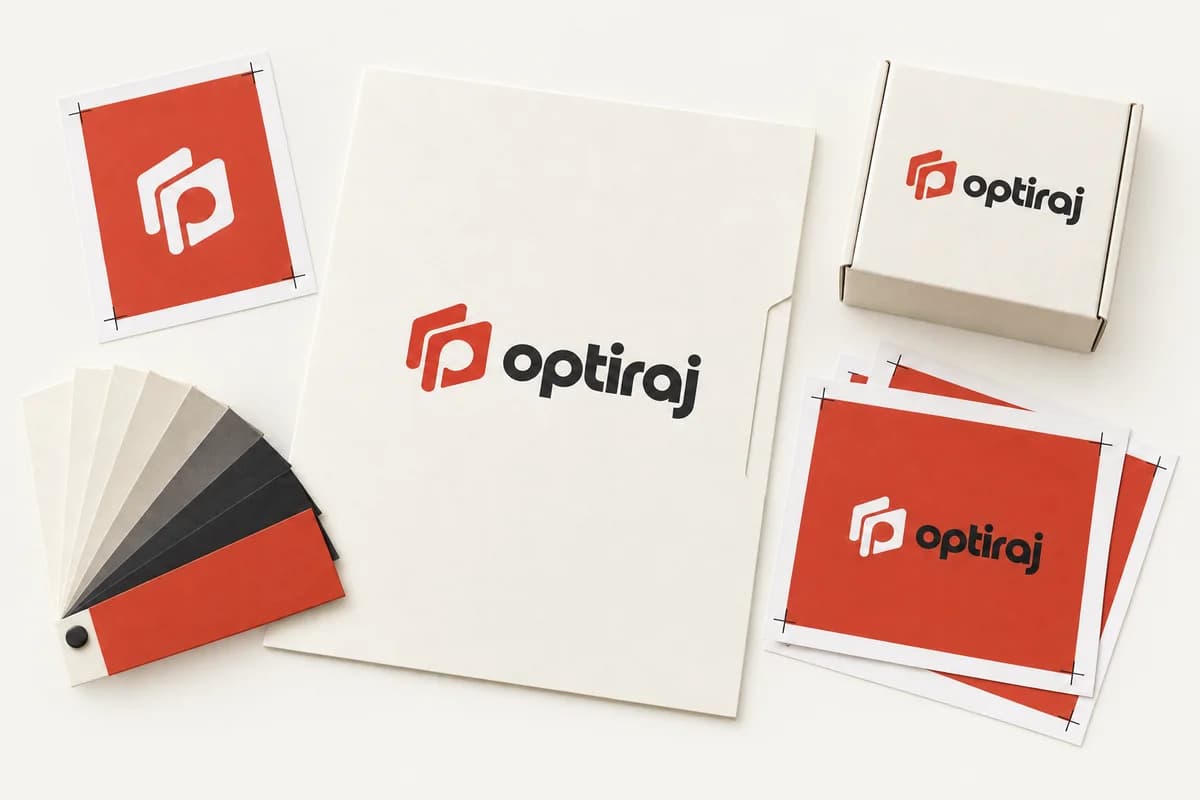 Optiraj logolu dosya, kâğıt örnekleri, kutu ve baskı provalarından oluşan marka kompozisyonu