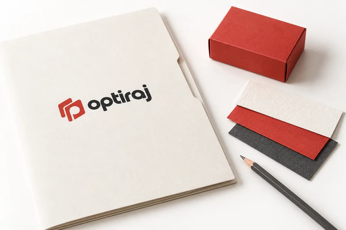 Optiraj logolu iş dosyası, ambalaj örneği ve kâğıt numuneleri